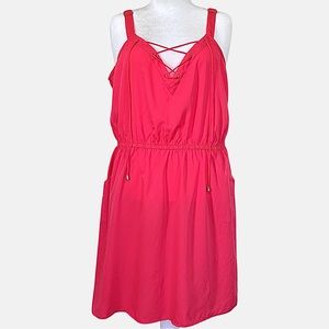 Speed Control Tie Neck Elastic Waist Dress with Pockets - Coral - 3X